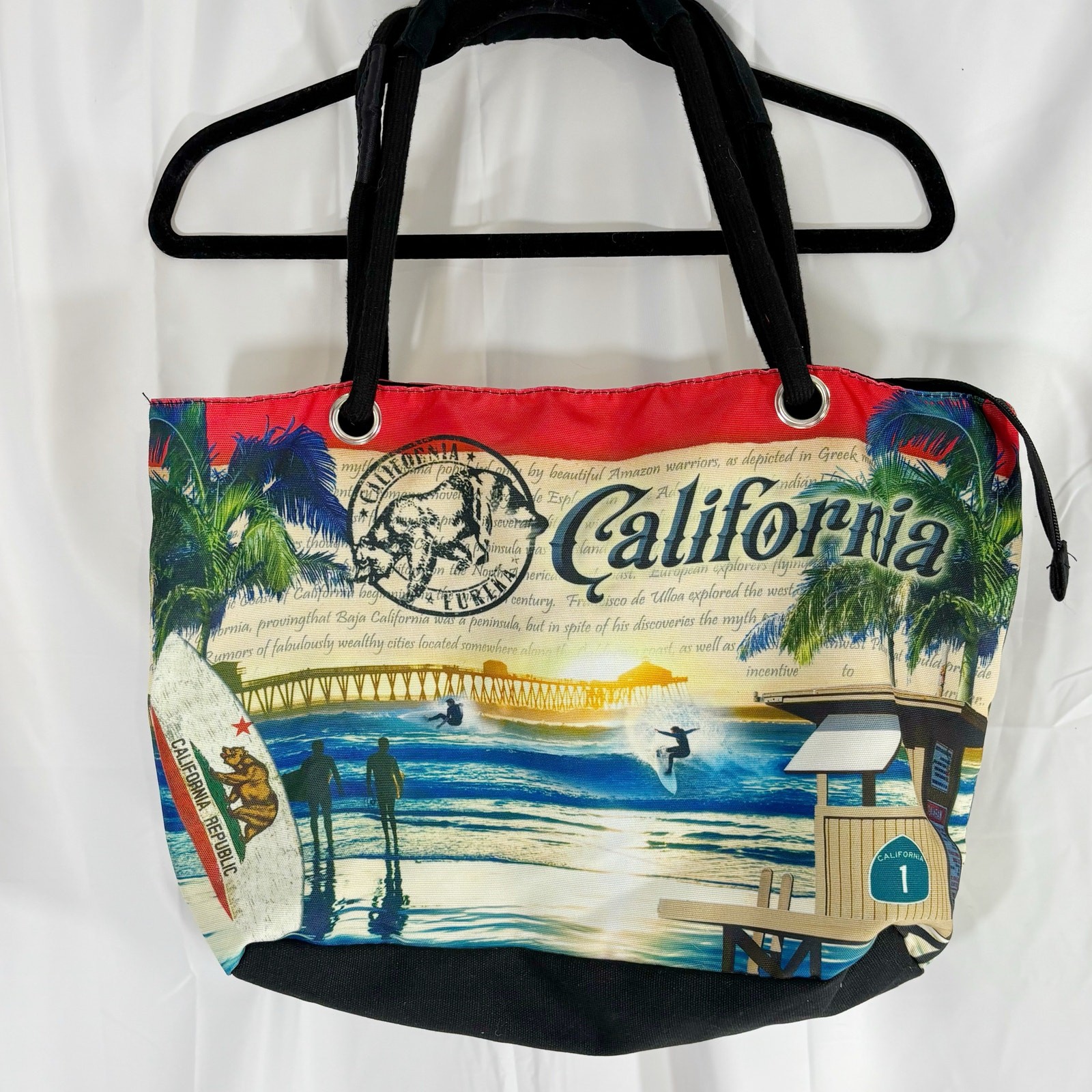 Coastal California Beach Tote with Surfing Sunset Palm Tree Design & Rope Handles