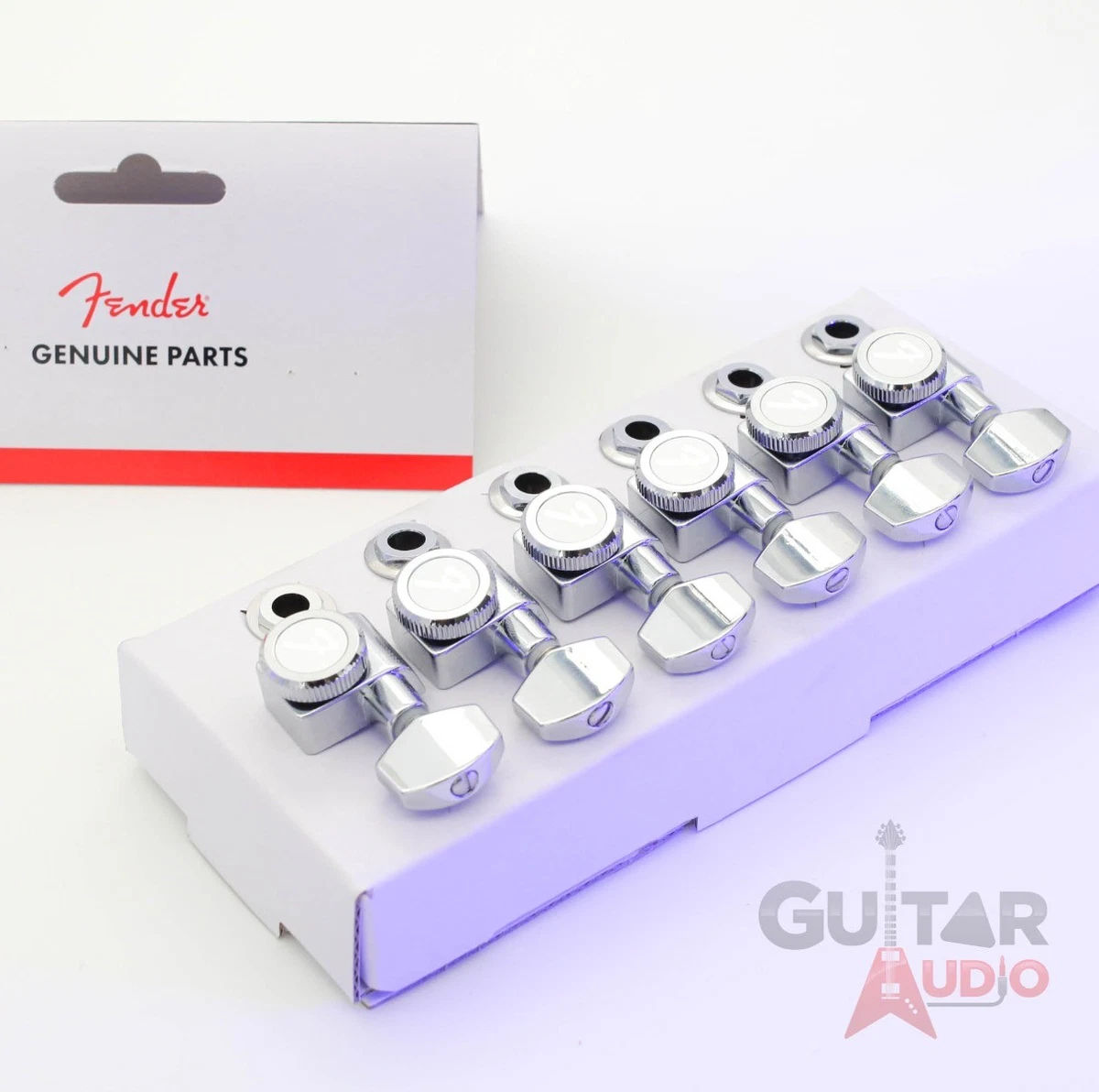 Sintonizadores originales Fender BLOQUEO CROMADO 6 en línea 2 pines Strat/Tele F Logo Máquinas