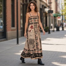 Boho Floral Tribal Print Smocked Maxi Dress