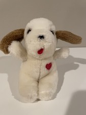 Vintage EDEN 6.5 Plush Puppy Dog White Brown Ears Red Heart Hanging Squeaker