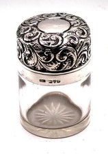 Antique Silver & Cut Glass Vanity Jar, Hinged Lid & Stopper, CHESTER 1908,