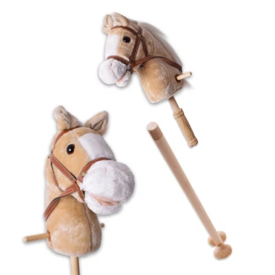 TE-TREND Steckenpferd mit Sound Hobby Horse 96cm Stockpferd 2-teilig Stiel Rollen beige