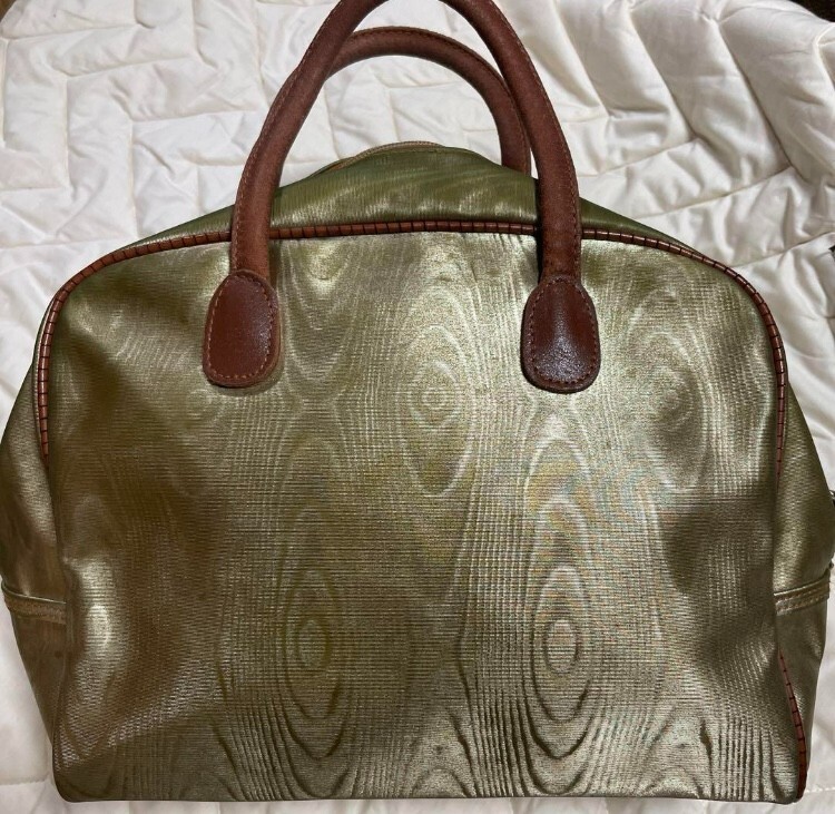 Auth Loewe Woodgrain khaki gold nylon x brown combination