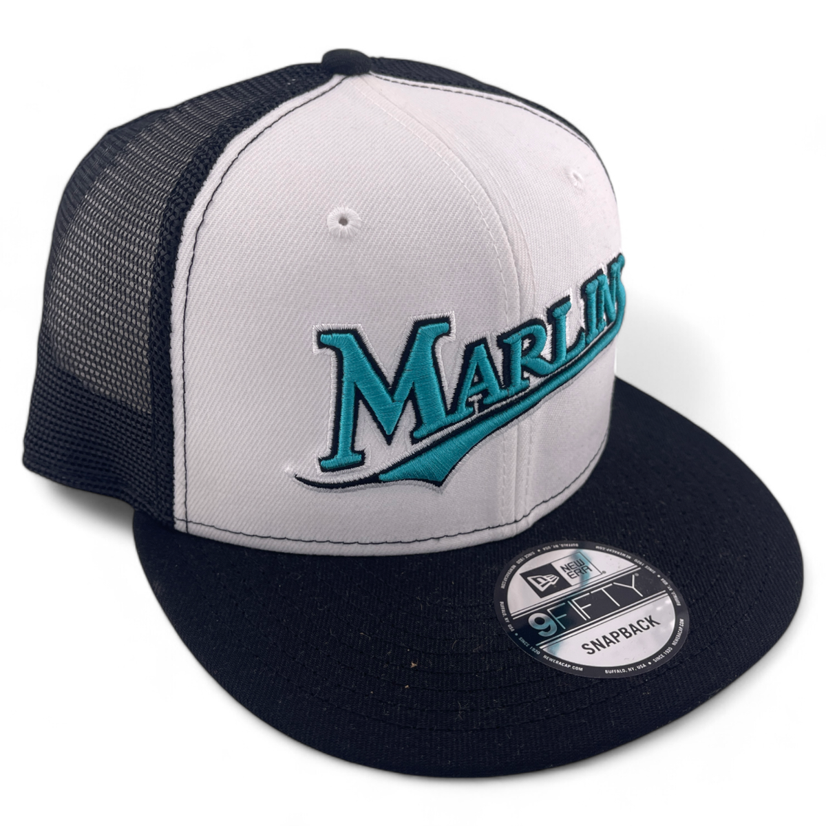 New Era Miami Marlins MLB White Front Script 9FIFTY Mesh Snapback Trucker  Hat