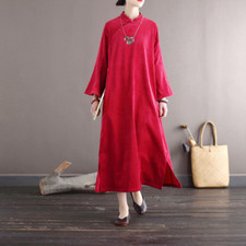 Asiatisch Damen Locker Kord Cheongsam Kleid Ethnisch A-Linie Ausgestellte Ärmel