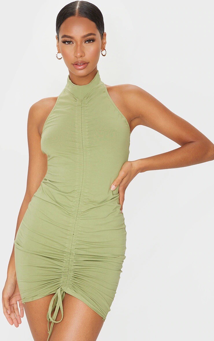 ✨PLT Sage Green Ruched Front Halterneck Bodycon Dress BNWT Size 4✨ image 2