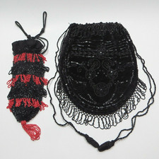 2 Vintage Beaded Flapper Purses Black Drawstring Reticule Handbags