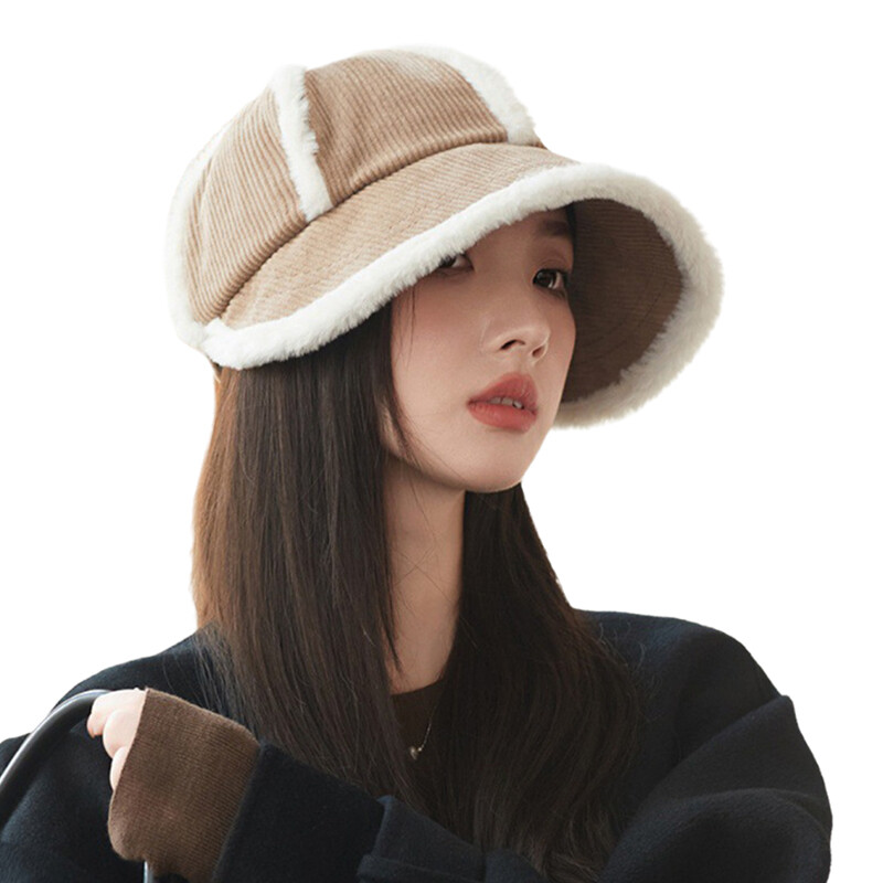 HAT: Khaki & White Chic Plush-Lined Corduroy Beret, NWOT Winter Warm Thick Plush Corduroy Octagonal Hat Beret Painter  main image 2