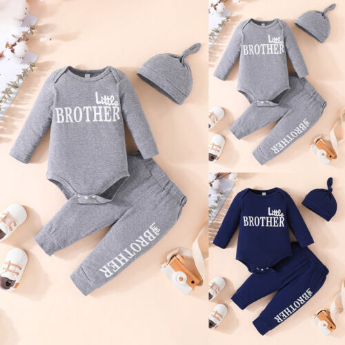 2PCS Baby Boys Long Sleeve Round Neck Pullover Letter Printed Tops Pants Hat Set