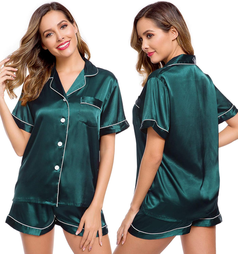 Womens Silk Satin Pajamas Short Sleeve Loungewear Two-Piece Sleepwear Button-Dow