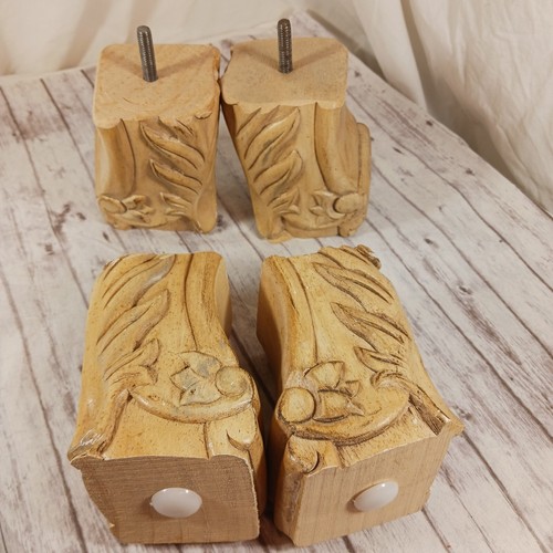 VTG Carved Block Wood Finished Blonde 4 Furniture Legs Screw On Floral/Palm 5" - Picture 2 of 9
