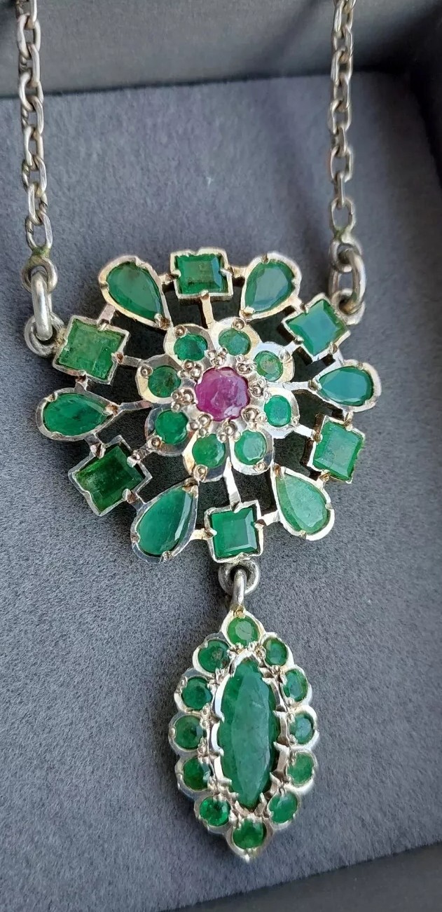 Silver Necklace Emerald Ruby Large Pendant Heavy … - image 7