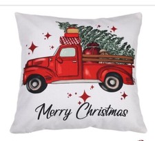 Christmas Tree Red Truck Christmas Linen Throw Pillow Cover Winter Holiday Decor