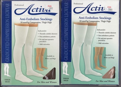 Lot 2 ACTIVA Anti-Embolism 18 mmThigh High Closed Toe Stockings Beige Medium