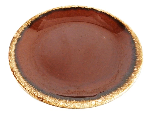 Hull Pottery Dinner Plate, 10.5", Ribbed Back, Brown Drip Glaze, Oven Proof USA