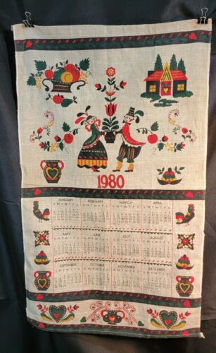 1980 Pennello calendario lino vintage. Asciugamano da tè olandese arte popolare cuori fiori cucina - Foto 1 di 14