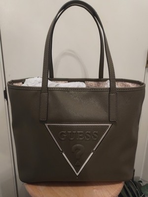 GUESS Olive Green Tote With Shoulder Straps And Interior Beige Pouch With Strap