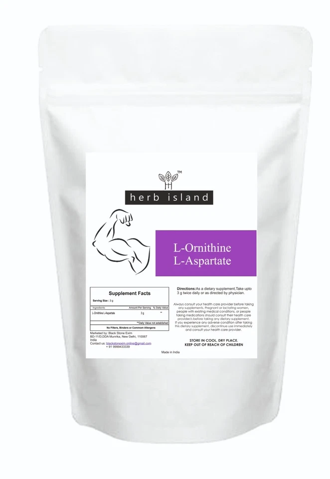 HERB ISLAND L-Ornithine L-Aspartate 100% Pure Powder Boosts Energy Level High Potency Powder