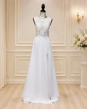 WG011 Size 14 White Lace Illusion Corset A-Line Wedding Gown Slit Short Train