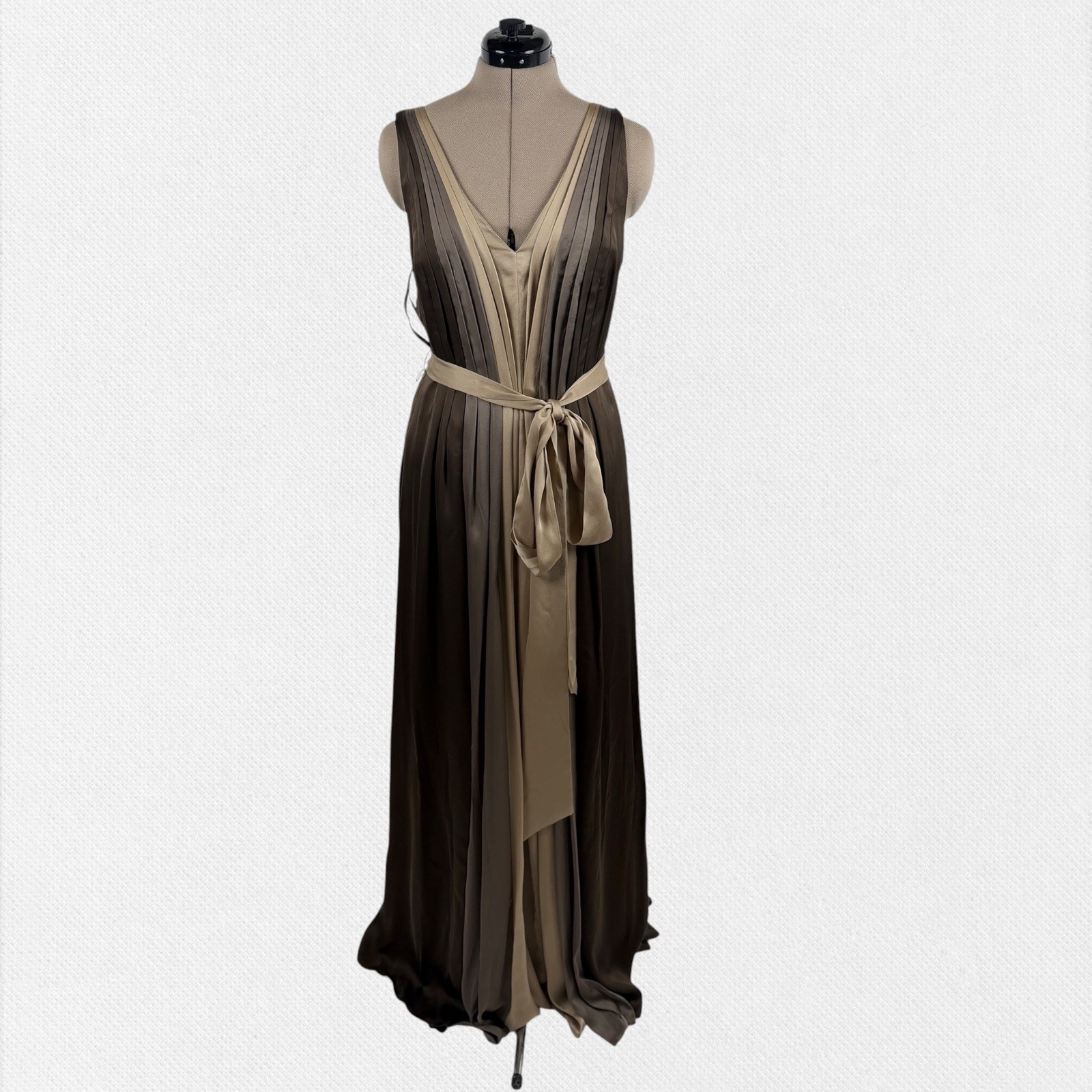 Coast Silk Maxi Dress 10 Brown Tan Pleated Grecian Evening Gown Formal Belted