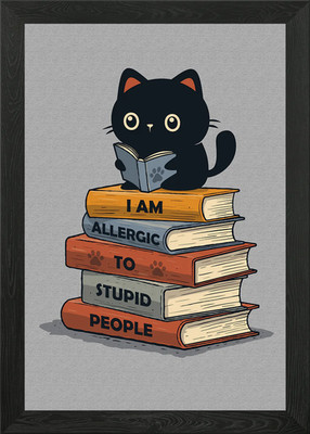 Cat Reading Books - Allergic To Peo Framed Wall Art Poster Canvas Print Picture
