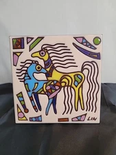 Painted Horses Earthtones Vintage Tile 1999 Art Tile Trivet Made By Artist Lin