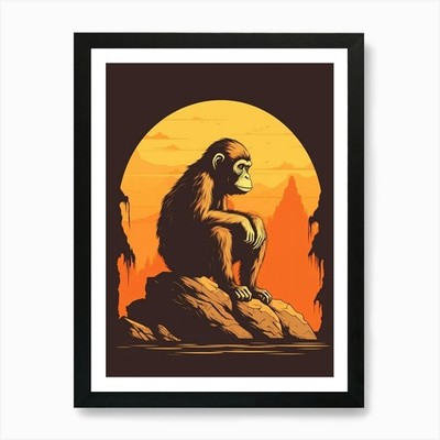 Denker Affe Comic Illustration 4 gerahmte Wandbilder Poster Leinwanddruck Bild