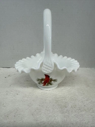 Vtg Fenton Milk Glass Basket With Hand Painted Cardinal& Artist Signed 7.25” Tal