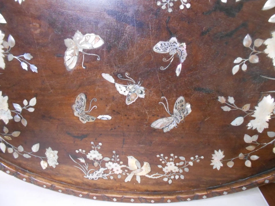 Ancien grand plateau en bois et marqueterie de nacre Vietnam Chine Asie - Photo 3/4