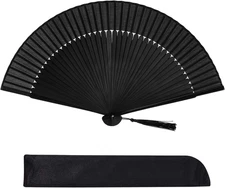 Hand Held Bamboo Silk Folding Fan, Chinese Japanese Handheld Fan with Tassel Woo