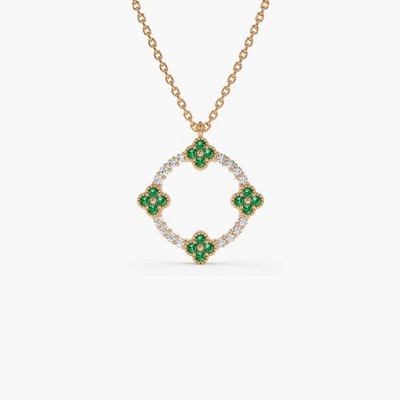 Clover Emerald With Moissanite Silver  Pendant For Women Anniversary Gift