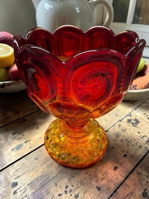 L E  Smith Red & Amber Pedestal Compote Bowl with Scalloped Rim Round