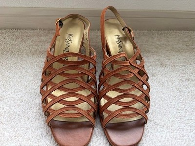 Yves Saint Laurent Strappy Heel Sandals Brown Leather Women's 36.5 US6.5 Unused