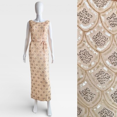 Vintage XS Nan Duskin Dress Gown 60s 50s Beaded Sequin Peach Scalloped VGUC Read
