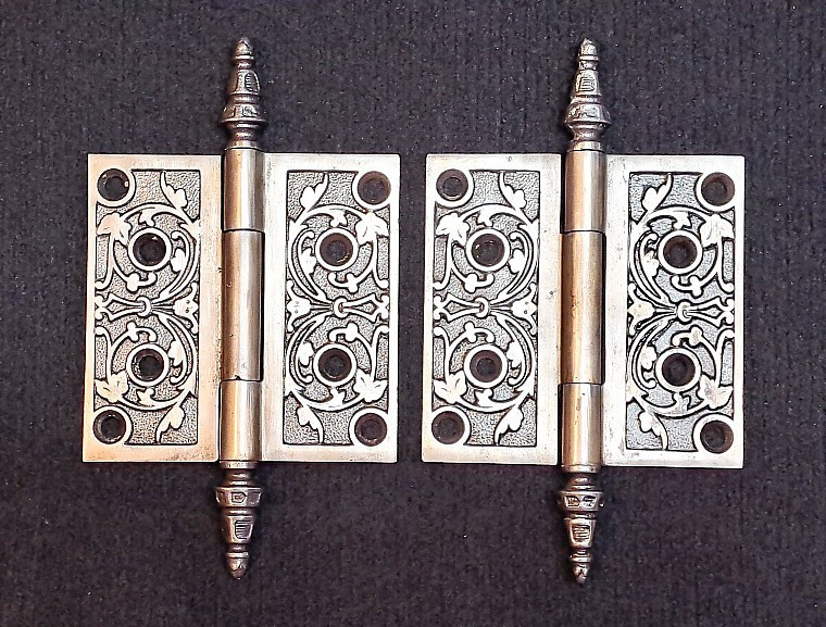 Antique Pair Of Ornate Victorian Eastlake 4x4 Steeple Tip Cast Iron Door Hinges