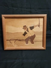 Fly Fishing Inlaid Framed Wood Marquetry Fisherman In River With Fish & Net