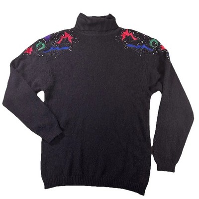 Vintage 1989 Size Large I.B. Diffusion Beaded Turtleneck Sweater Silk Angora
