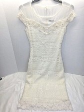 Puro Sharmy Cream Lace Midi Dress Short Sleeve Embroidered & Beaded Zip *Small*