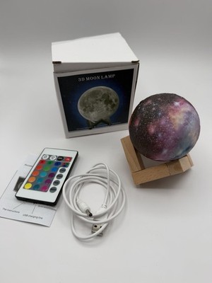 3D Galaxy Moon Lamp LED Night Light Remote Color Changing USB w/ Stand WORKS!