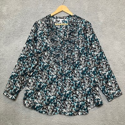 Croft&Barrow Button Up Blouse Women 2X Plus Teal Office Artsy Ruffle Spring Top