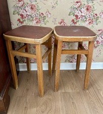 Pair Of Vintage Retro Wooden Kitchen Stools With Vinyl Seats