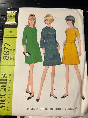 Vtg McCall's Sewing Pattern #8877 Size 12 Dress-Variety Sleeve,Neckline 1967