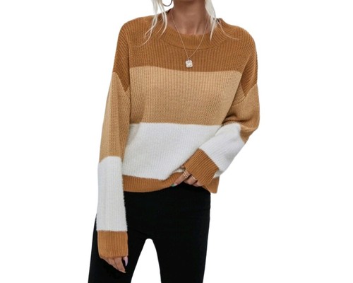 Womens Sweater Round Neck Long Sleeve Color Block Sweaters Womens Tops - Picture 4 of 17