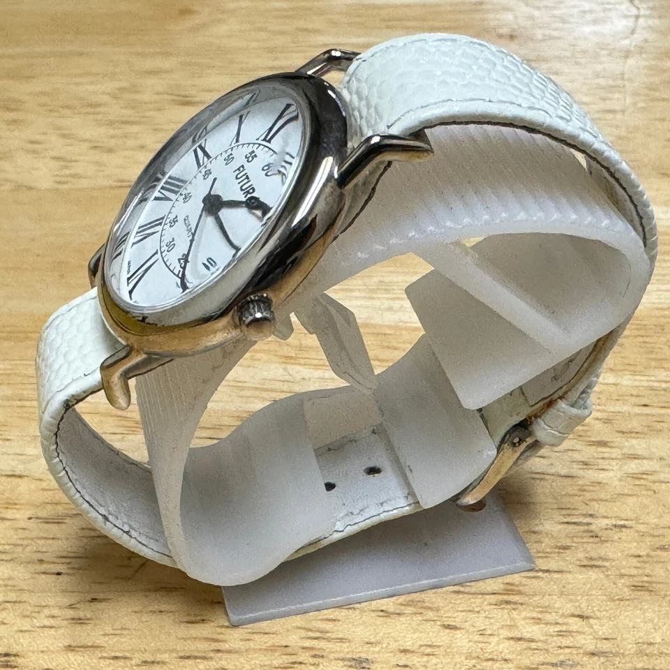 Vintage Futura Quartz Watch Unisex Silver White Leather Band Analog New Battery - Image 4 of 4