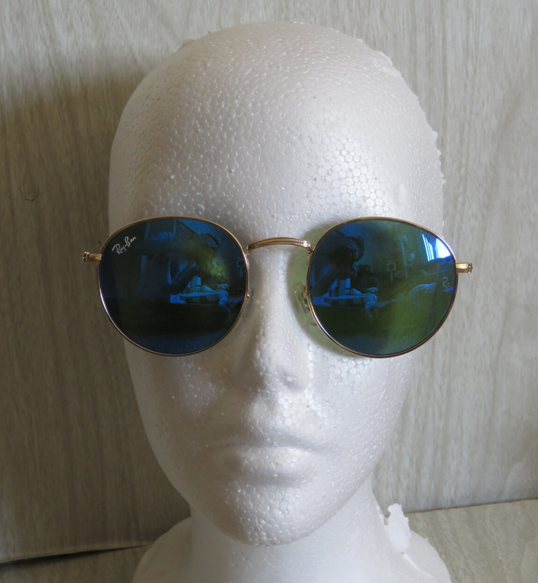 Ray Ban RB3447 Round Metal Gold Frame Blue Lens Sunglasses Italy
