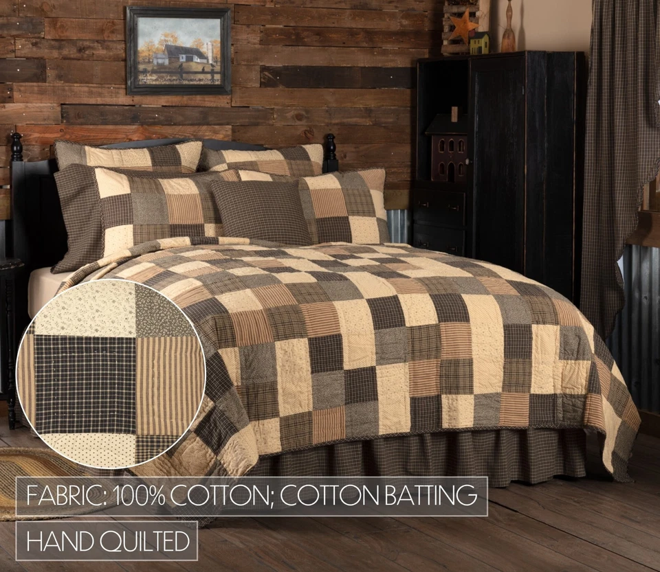 Edredón Country Block Patchwork King cosido a mano color crema tostado negro Kettle Grove Foto 3 de 4