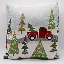 Christmas Pillow Sqaure 12" x 12" Red Truck Tree Embellished Throw Pillow X-mas