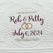Custom Embroidered Wedding Blanket/Quilt, Rings, Names, Date, Heirloom Keepsake