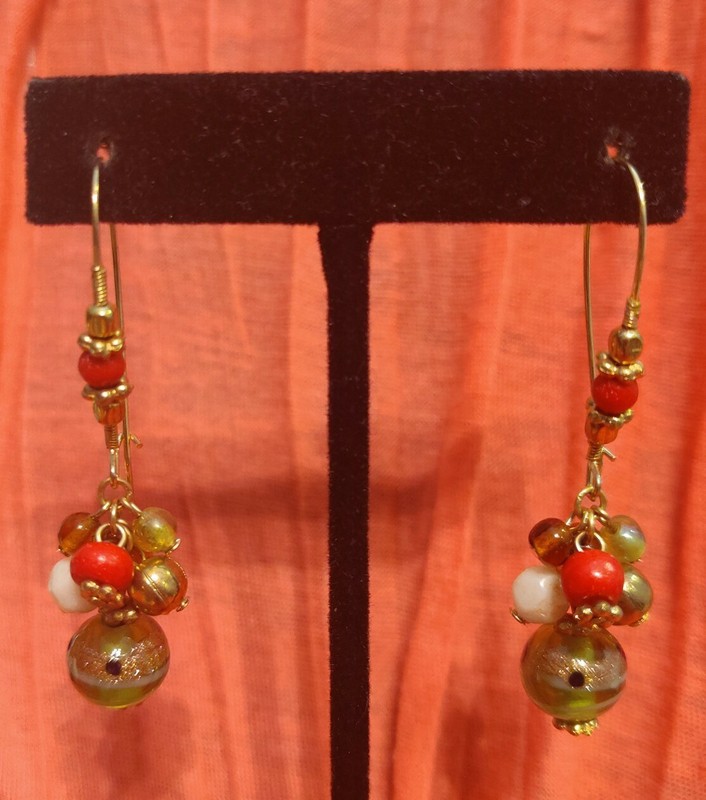 Gold Tone Green Red White Brown Tan Bead Cluster Black Dot Dangle Drop Earrings