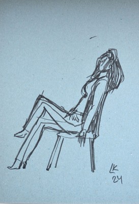 Original Line Art Seated Woman Casual Pose Expressing Calm Elegance Black Ink
